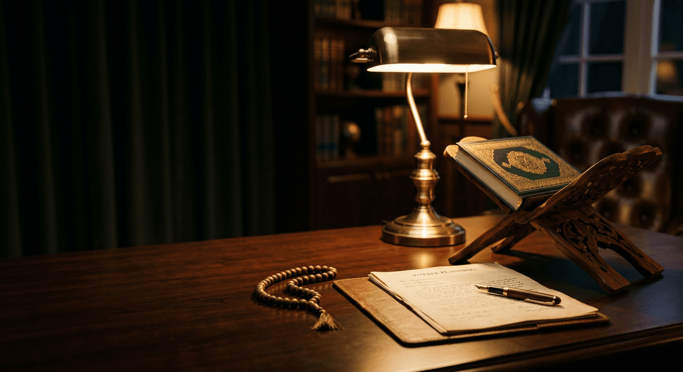 Estate planning documents beside a Quran on a wooden stand and prayer beads