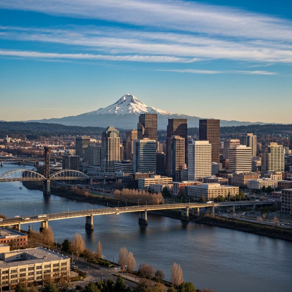 Portland Oregon skyline with Mount Hood