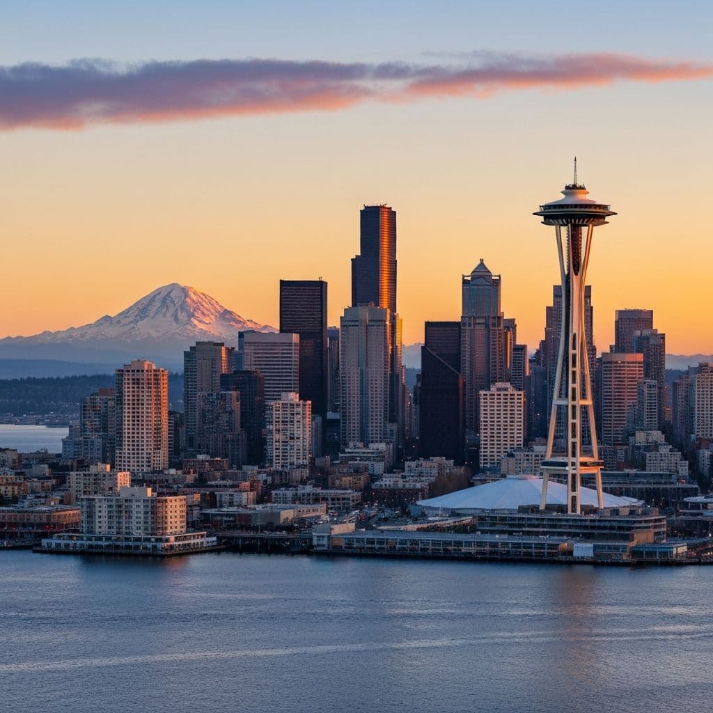 Seattle Washington skyline with Space Needle and Mount Rainier