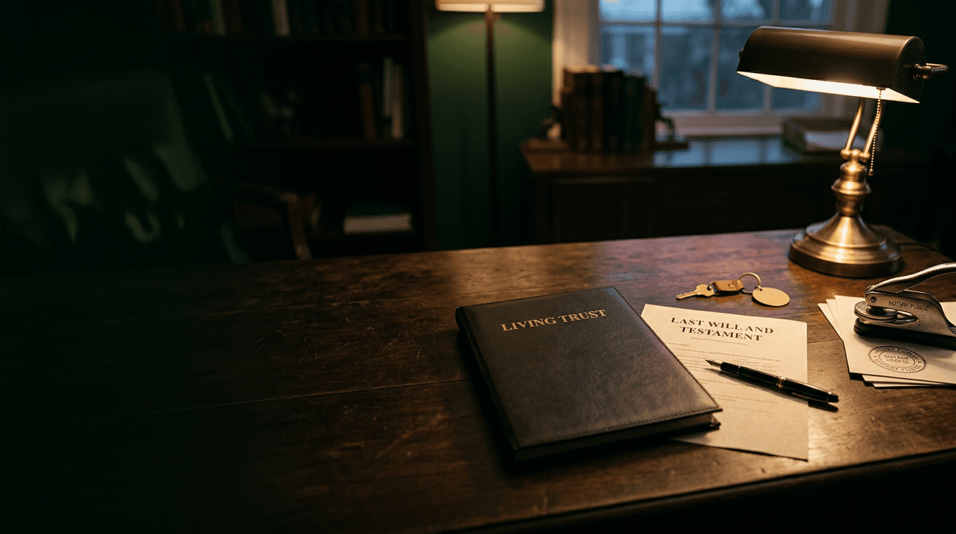 A last will and testament and a living trust document on an attorney’s desk with a pen and house key
